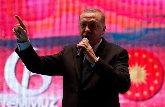 De Turkse president Recep Tayyip Erdogan bij de herdenking van de mislukte coup van 2016, afgelopen zomer in Istanboel.