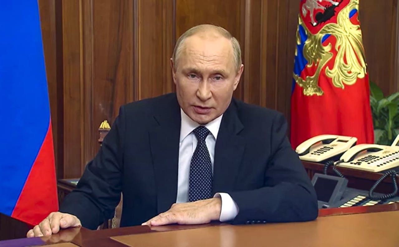 President Vladimir Poetin van Rusland woensdag tijdens zijn toespraak aan de Russische natie