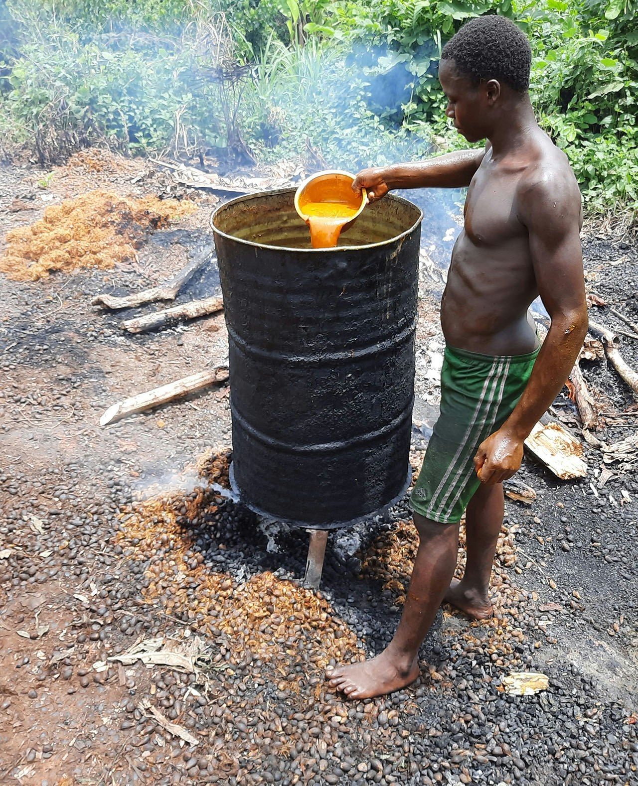 Een man kookt palmolie uit de vruchten van de oliepalm.