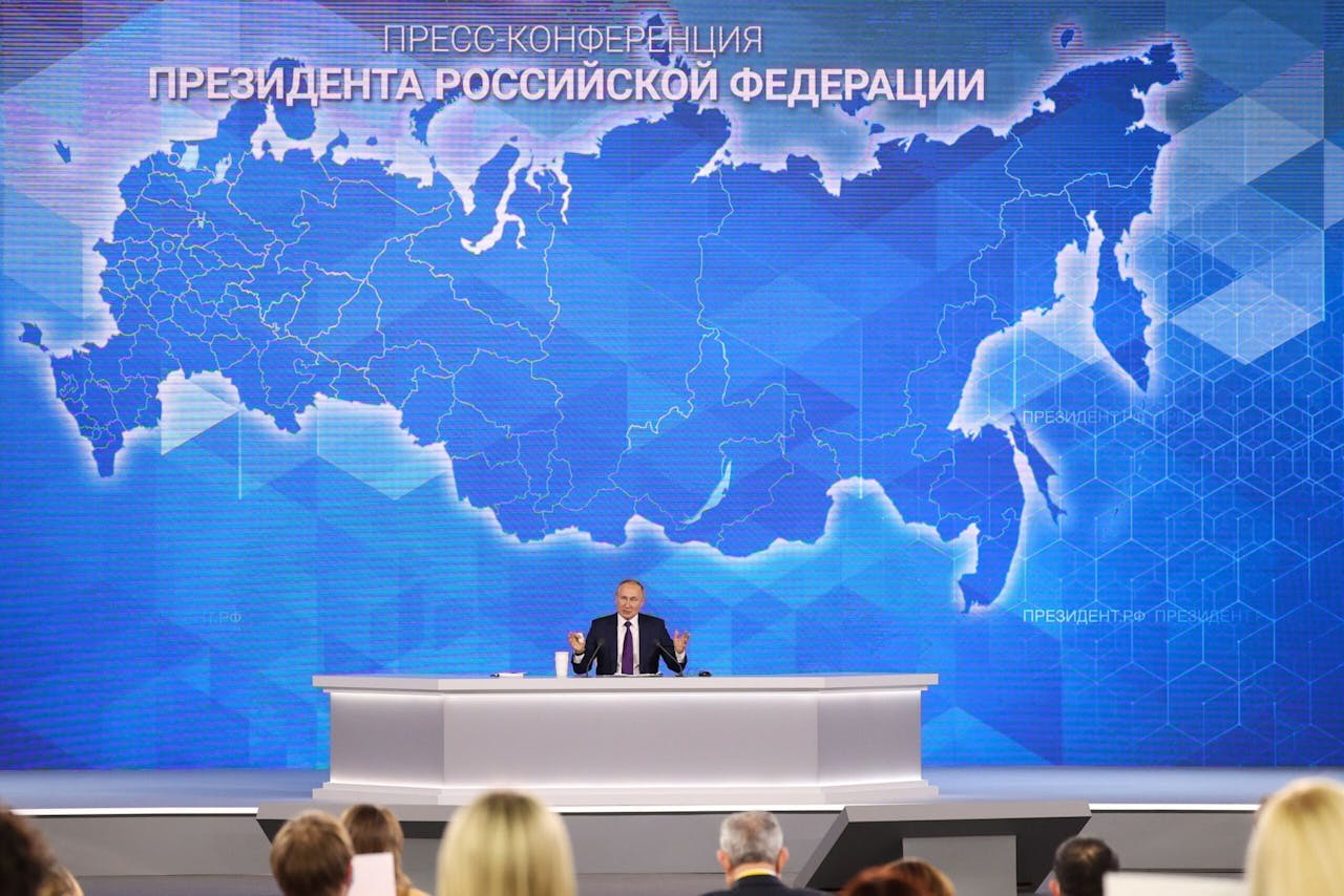 Vladimir Poetin tijdens zijn jaarlijkse persconferentie in Moskou, eind december.