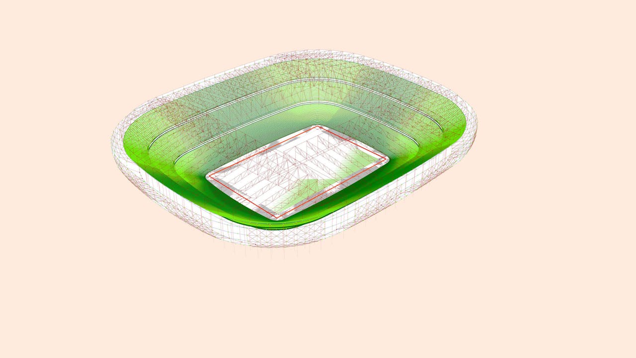 Weergave van een computeranimatie van de nieuwe Kuip. Elk detail dat wordt veranderd, krijgt ook een aanpassing in aangrenzende delen.