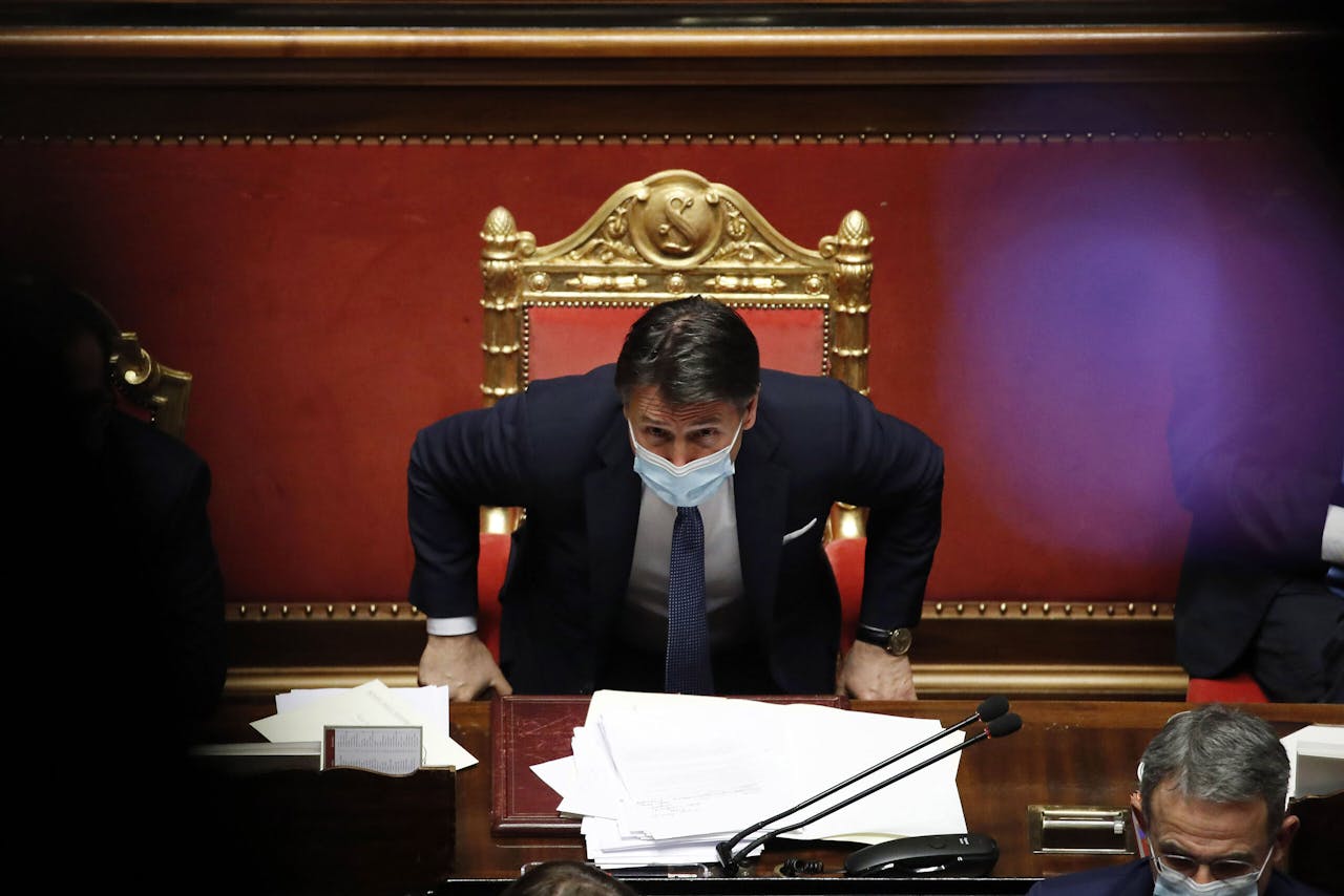 Premier Giuseppe Conte vorige week bij het debat in de senaat.