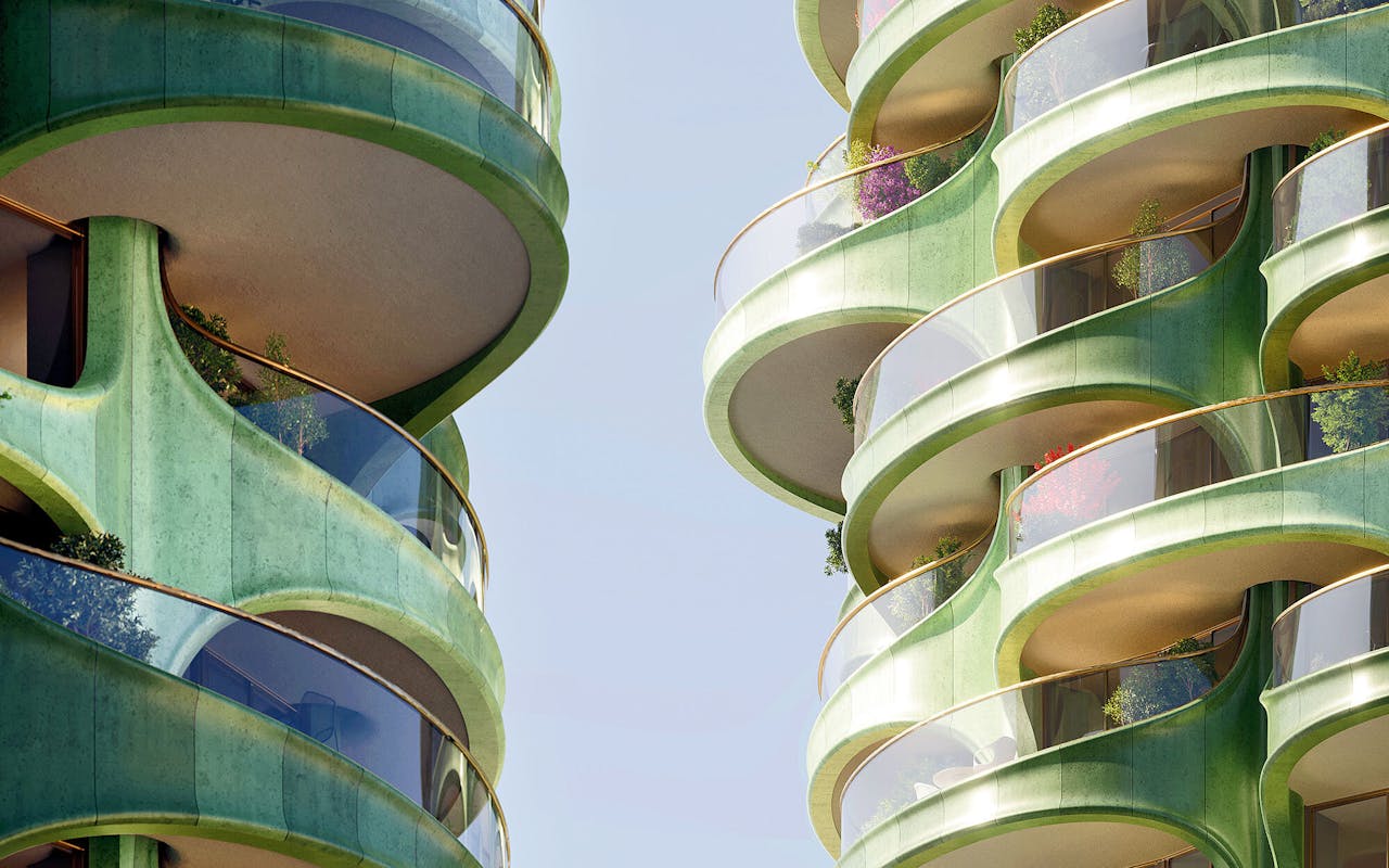 Golvende balkons in het ontwerp van Heatherwick Studio voor de woontorens Alberni in Vancouver.