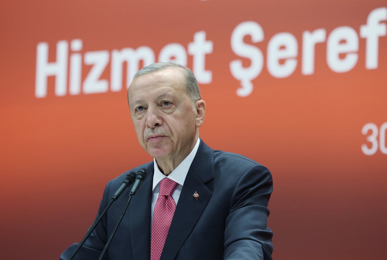 De Turkse president Recep Tayyip Erdogan tijdens een speech dinsdag in Ankara.