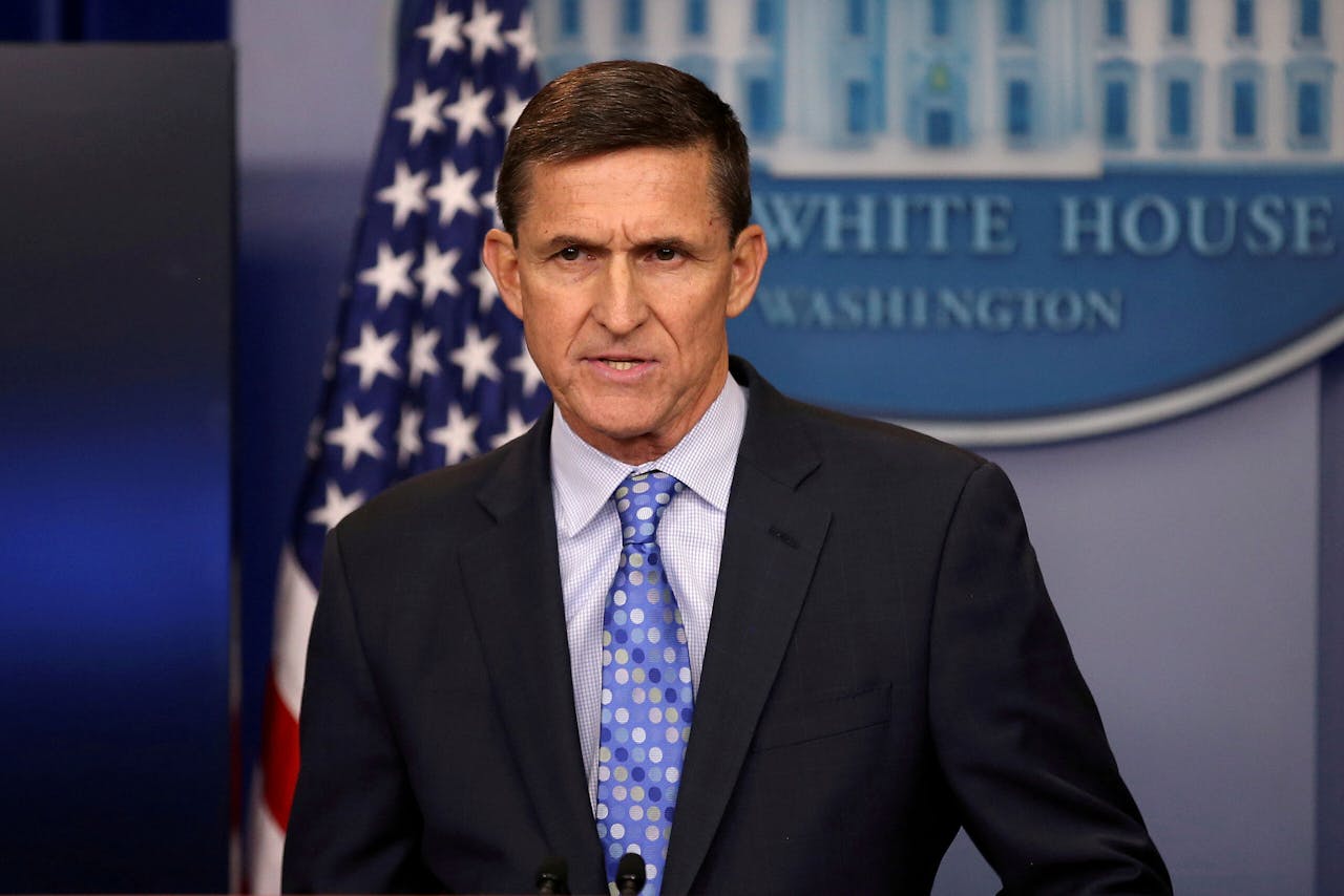 Generaal Michael Flynn, hier op de foto als nationaal veiligheidsadviseur van de VS tijdens een persbriefing in het Witte Huis in Washington in 2017.