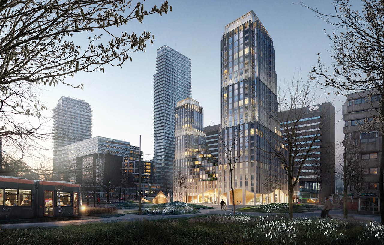 Impressie van het nieuwe gebouw op het Koningin Julianaplein in Den Haag bij het Centraal Station.