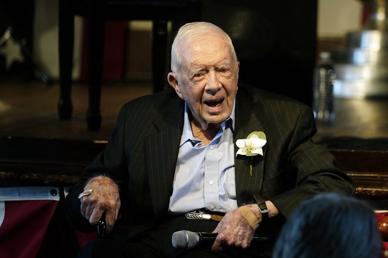 Jimmy Carter bij de viering van zijn 75-jarige huwelijk met zijn vrouw Rosalynn, in juli 2021