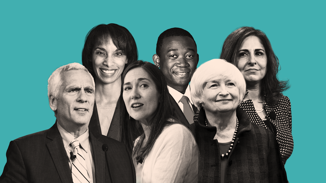 De economische adviseurs van president Biden (vlnr): Jared Bernstein, Cecilia Rouse, Heather Boushey, Wally Adeymeyo, Yanet Yellen en Neera Tanden.