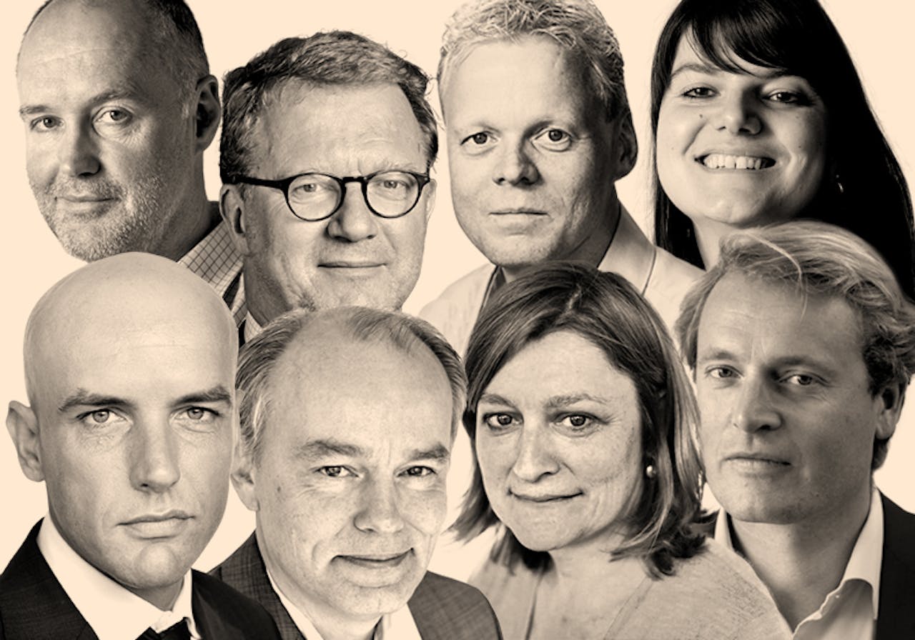 Bovenste rij v.l.n.r. Han Dirk Hekking, Klaas Broekhuizen, Jeroen Segenhout, Ria Cats. Onderste rij, Mathijs Schiffers, Ulko Jonker, Lien van der Leij, Gerben van der Marel.
